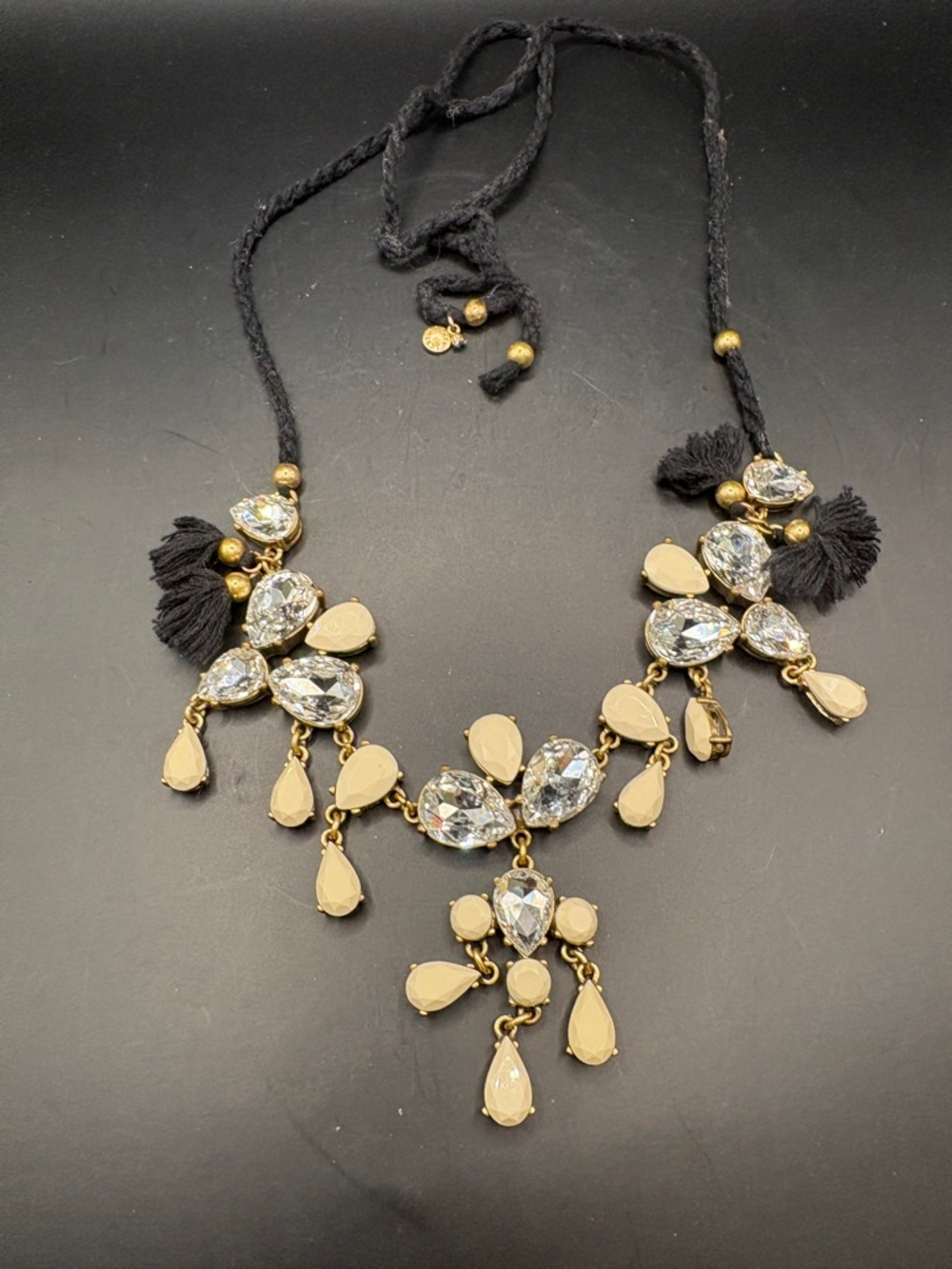 J Crew Chunky Crystal Black Tassel Creme Beads Clear Crystal Waterfall Necklace